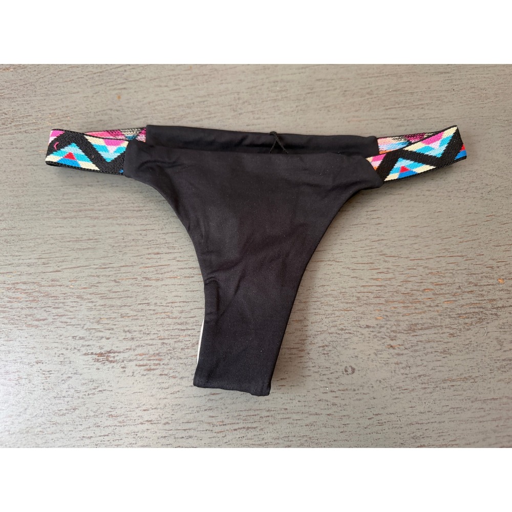 L Space Itsy Cut Bikini Bottom Black Multi Color Geometric Straps XS NWOT